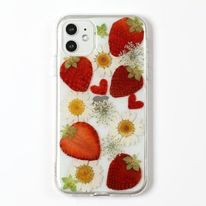 Handgemaakte aardbei geperste bloem telefoonhoesje, iPhone 16 15 14 13 12 11 pro max xr xs x se hoesje, samsung galaxy s25 s24 s23 s22 s21 hoesje afbeelding 2
