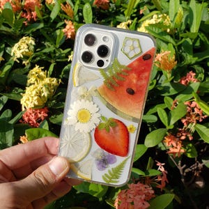 Pressed flower watermelon fruit phone case, iPhone se x xr xs 11 12 13 14 15 16 pro max case, samsung galaxy s20 s21 s22 s23 s24 s25 fe case image 7