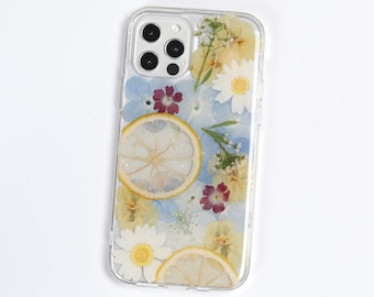 Funda de teléfono hecha a mano con flores secas prensadas de limón, para iPhone 11, 12, 13, 14, 15, 16 Pro Max, SE, XR, XS, X, Samsung Galaxy S21, FE, S22, S23, S24, S25