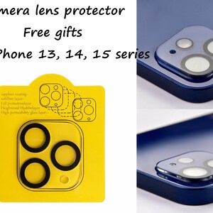 Free gift of a camera lens protector for iPhone 13, 14, 15 series, shown with yellow sapphire coating for added durability and protection.