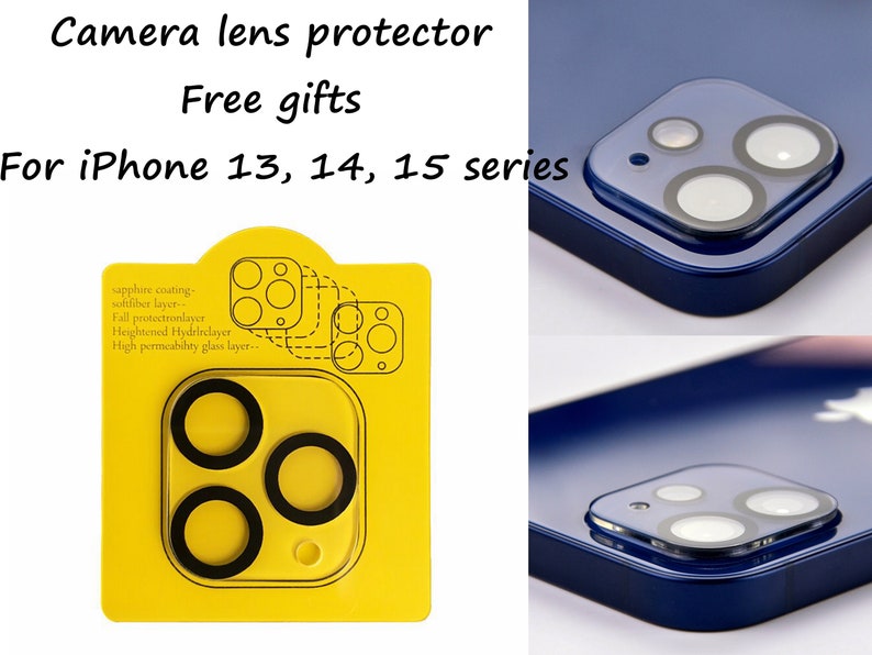 Free gift of a camera lens protector for iPhone 13, 14, 15 series, shown with yellow sapphire coating for added durability and protection.