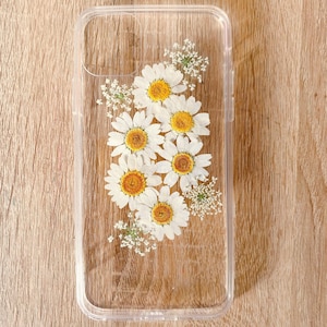 Pressed dried flower daisy phone case, iphone 16 pro max 15 plus 14 13 12 11 se xr xs x case, samsung galaxy s20 s21 s22 s23 s24 s25 case