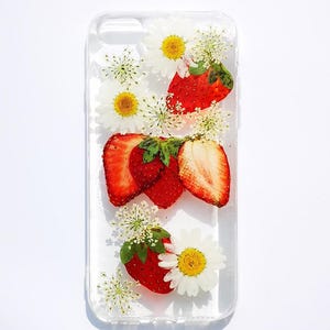Getrocknete gepresste Blumen Erdbeere Handytasche, iphone 15 14 13 12 11 pro max xr xs x 7 8 plus se Fall, Samsung Galaxy s24 s23 s22 s21 s20