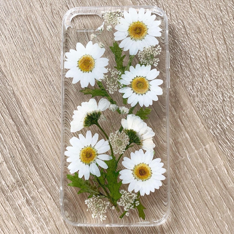 Puede incluir: Una funda transparente para tel&eacute;fono con margaritas blancas prensadas y hojas verdes. Las flores est&aacute;n dispuestas en un patr&oacute;n similar a un ramo.