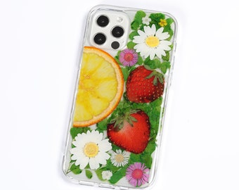 Pressed real dried flower strawberry phone case, iphone se 7 8 plus x xr xs 11 12 13 14 15 pro max case, samsung galaxy s23 s22 s21 s20 case
