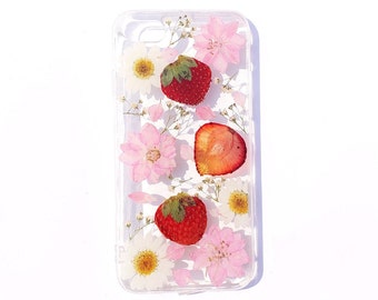 Strawberry pressed flower phone case, iphone 15 14 13 12 11 pro max 7 8 plus se xr xs x case, samsung s23 s22 s21 s20 case