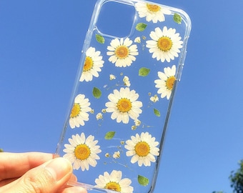 Pressed flower phone case, daisy iphone 15 14 13 12 11 pro max se xr xs x 7 8 plus case, samsung s24 s23 s22 s21 s20 case, google pixel case