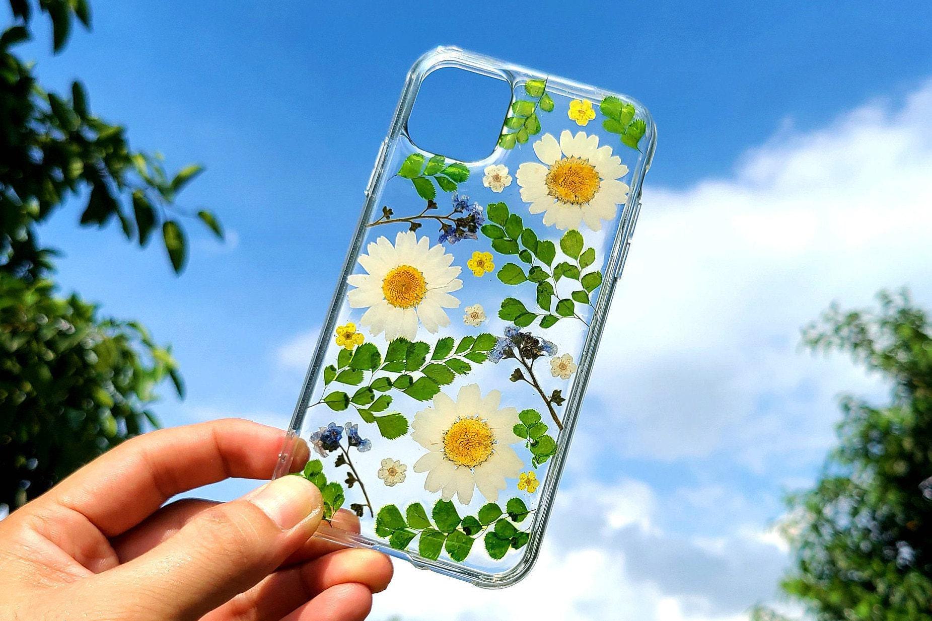 押し花デイジースマホケース、iPhone 11/12/13/14/15/16/Pro/Max/SE/X