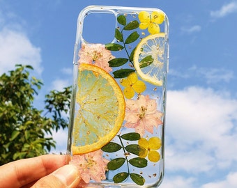 Pressed flower dried fruit lemon phone case, iphone 11 12 13 14 15 pro max se xr xs x 7 8 plus case, samsung galaxy a53 s23 s22 s21 s20 case