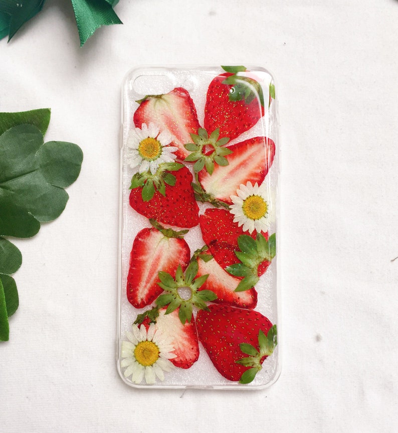 Pressed flower strawberry phone case, iphone se x xr xs 11 12 13 14 pro max 8 plus case, samsung s20 s21 s22 case, google pixel 5 6 pro case 