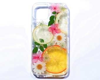 Pressed flower lemon phone case, dried fruit iphone 15 14 13 12 11 pro max se xr xs x 7 8 plus case, samsung galaxy s23 s22 s21 fe s20 case