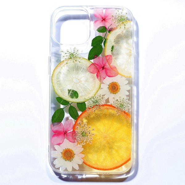 Coque de portable fleurs pressées citron, fruits secs pour iphone 15 14 13 12 11 pro max se xr xs x 7 8 plus, coque samsung galaxy s23 s22 s21 fe s20