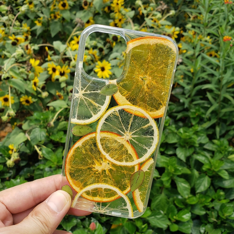 Clear resin phone case with dried fruit slices, leaves on it.