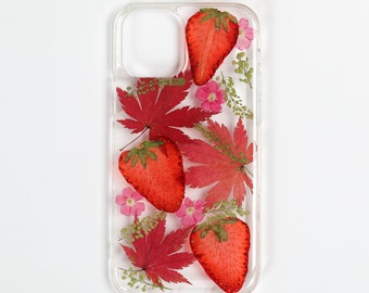 Pressed dried flower strawberry phone case, iphone se 7 8 plus x xr xs 11 12 13 14 15 pro max case, samsung galaxy s23 s22 s21 s20 fe case