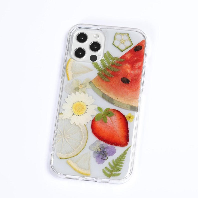 Pressed flower watermelon fruit phone case, iPhone se x xr xs 11 12 13 14 15 16 pro max case, samsung galaxy s20 s21 s22 s23 s24 s25 fe case image 4