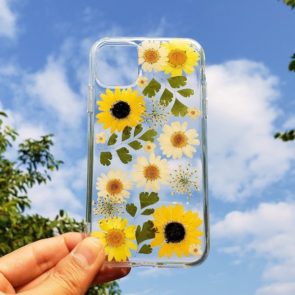 Pressed flower phone case, dried flower daisy iphone 11 12 13 14 15 pro max xr xs x se 7 8 plus case, samsung galaxy s20 s21 s22 s23 case