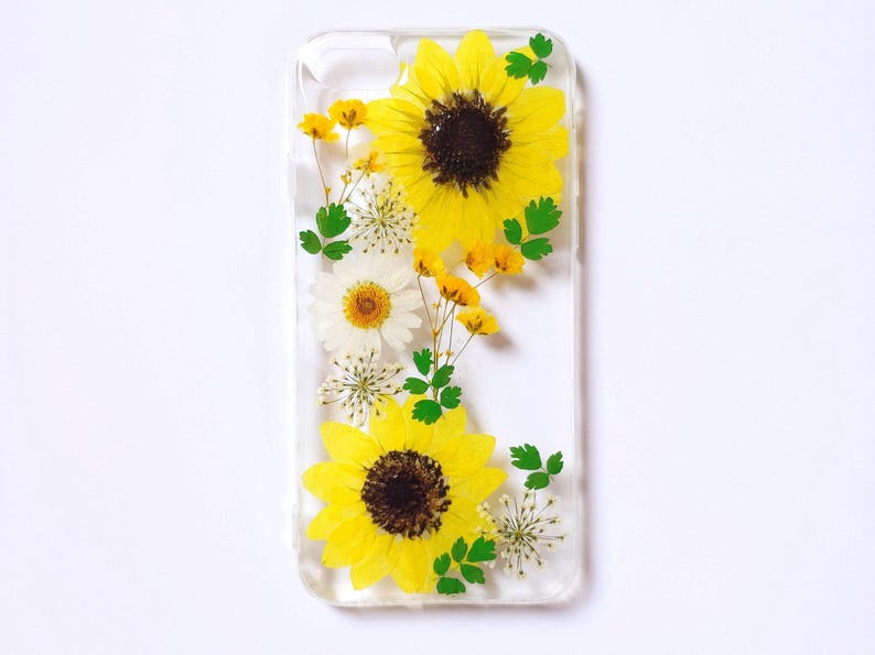 Dried pressed flower sunflower phone case, iPhone 15 14 13 12 11 pro max xr xs x 7 8 plus case, samsung s24 s23 s22 s21 s20 fe ultra case image 1