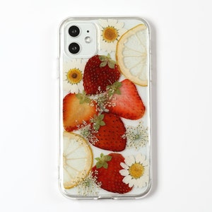 Pressed flower lemon strawberry phone case, iphone se 7 8 plus x xr xs 11 12 13 14 15 pro max case, samsung galaxy s23 s22 s21 s20 fe case