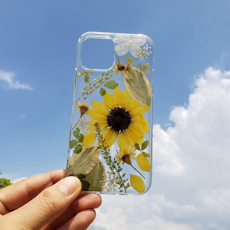Pressed flower sunflower phone case, iPhone se 7 8 plus x xr xs 11 12 13 14 15 16 pro max case, samsung galaxy s25 s24 s23 s22 s21 s20case image 6