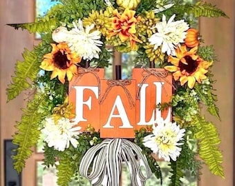 Fall Sunflower Wreath with Pumpkin, Autumn Floral Decor