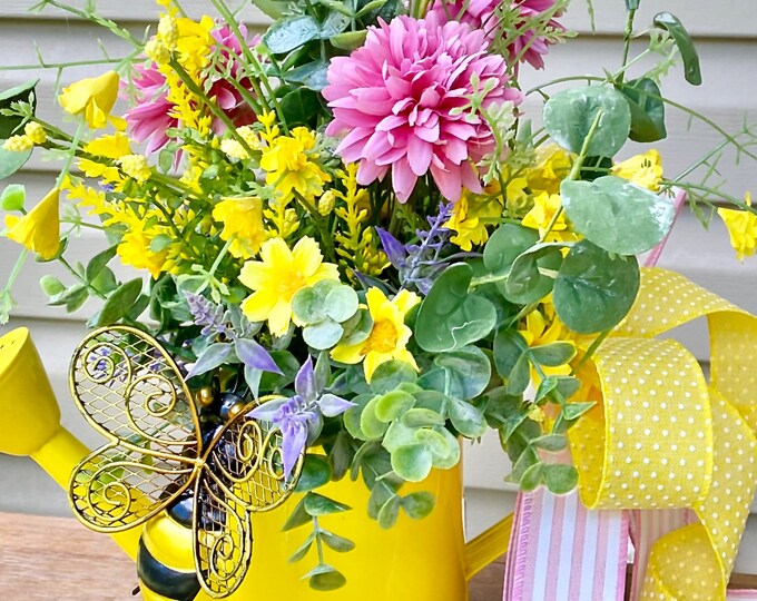 Spring Floral Arrangement Centerpiece, Watering Can With Bumble Bee - Etsy