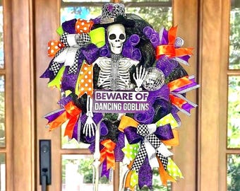 Halloween Wreath, Skeleton Wreath, Light up Wreath, Spooky Wreath, Pumpkin Wreath- LIGHTS