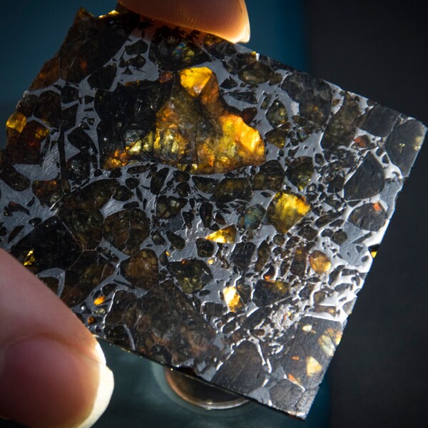 Meteorite with Yellow Olivine, Polished Etched Slice Gift from Space, Great Acquisition for Collectors, Pallasite Iron Meteorites