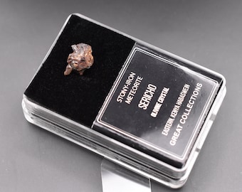 May include: A small, dark brown meteorite sample in a black display case with a label that reads "Stony-Iron Meteorite Sericho Olivine Crystal Eastern Kenya Habaswein Great Collections".