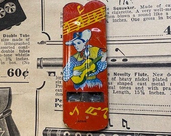 Vintage Tin Cowboy Playing Guitar Whistle Japan