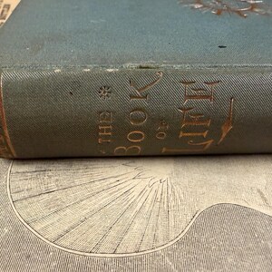 Puede incluir: Primer plano de un libro antiguo titulado "The Book of Life". El libro tiene una cubierta verde azulado con letras doradas y detalles decorativos. El lomo es visible, mostrando el t&iacute;tulo y un dise&ntilde;o decorativo. El libro descansa sobre una p&aacute;gina impresa vintage.