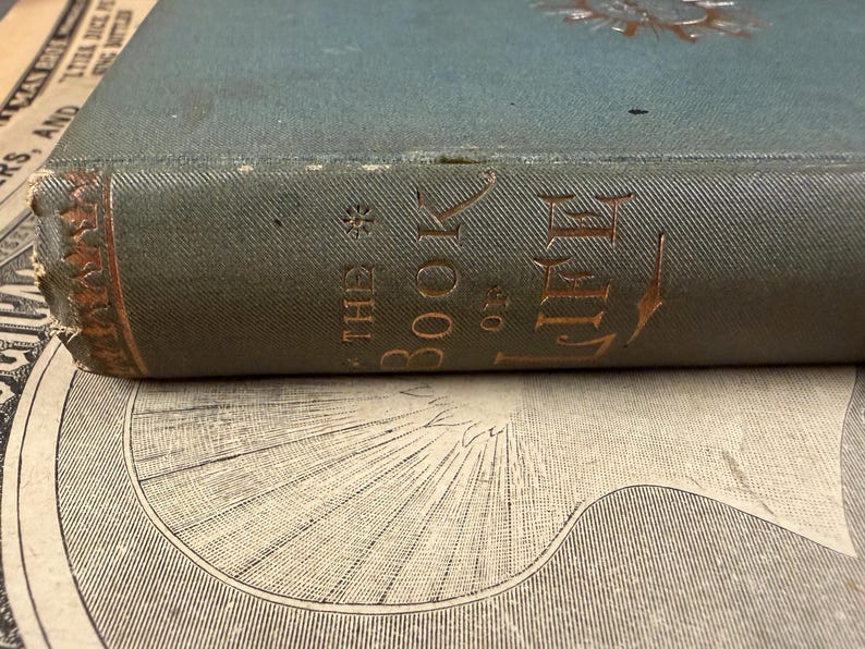 Puede incluir: Primer plano de un libro antiguo titulado "The Book of Life". El libro tiene una cubierta verde azulado con letras doradas y detalles decorativos. El lomo es visible, mostrando el t&iacute;tulo y un dise&ntilde;o decorativo. El libro descansa sobre una p&aacute;gina impresa vintage.