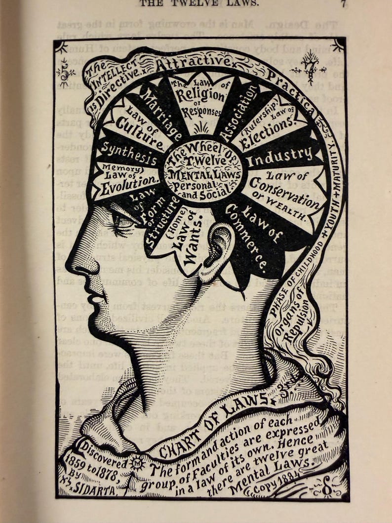 Puede incluir: Ilustraci&oacute;n en blanco y negro de un perfil humano con un diagrama de las "Doce Leyes Mentales" dentro de la cabeza. El diagrama incluye t&eacute;rminos como "Matrimonio", "Industria" y "Comercio". El texto en la parte inferior dice "Chart of Laws".