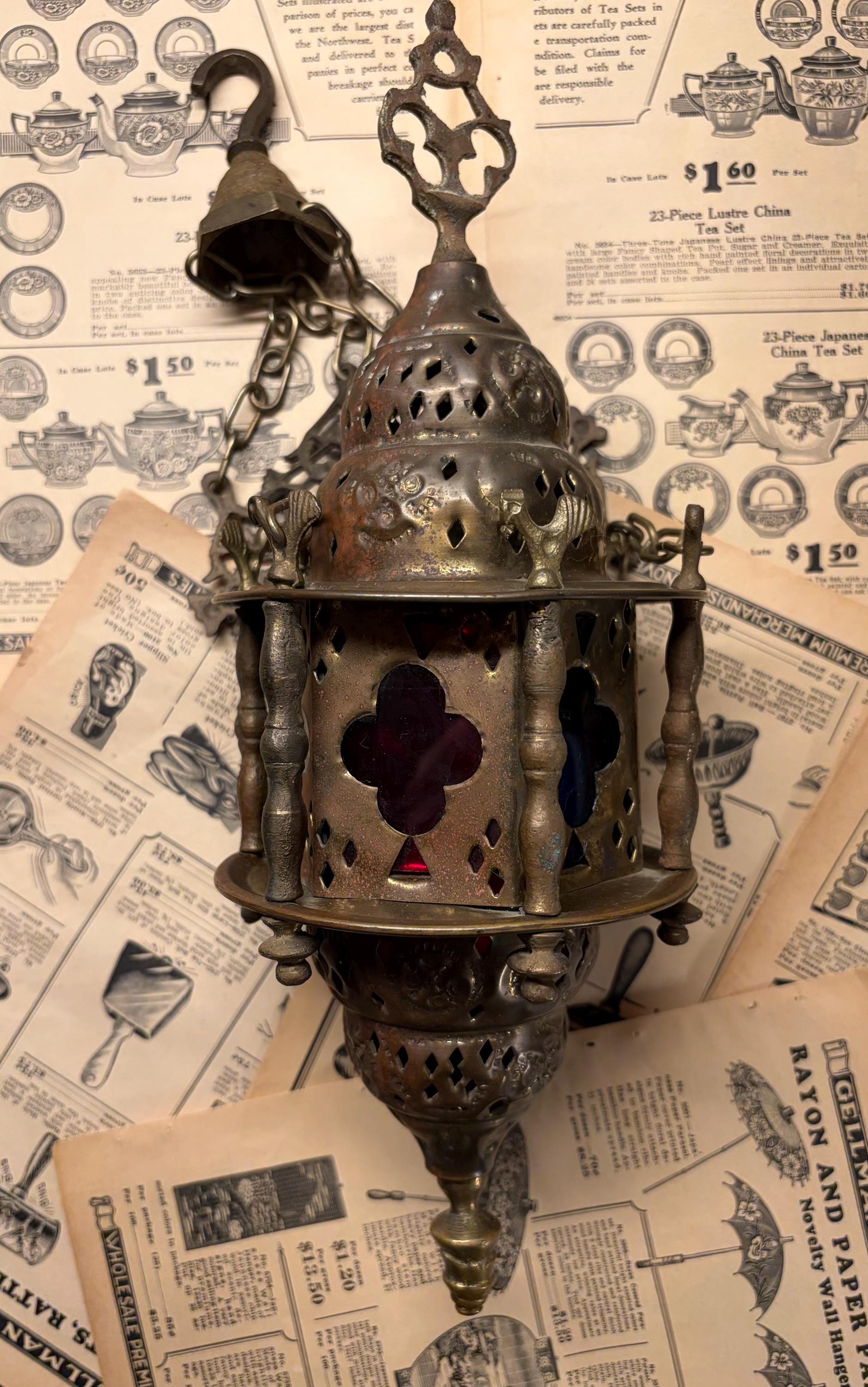 Vintage Moroccan Pierced Brass Hanging Lantern With Stained Glass