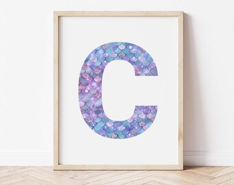 Personalized Baby Gift, Custom Baby Initial, Mermaid Room Decor, Personalized Name Initial Letter Print, Newborn Gift, Baby Girl Nursery Art