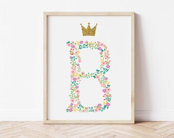 Princess Letter, Floral Nursery, Princess Print, Printable Wall Art, Nursery Letter, Nursery Decor, Girl Nursery, Floral Monogram