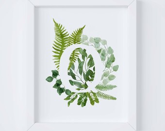 Plant Art Print, Botanical Decor, Watercolor Leaves, Leaf Wall Art, Nursery Letter, Botanical Printable, Printable Wall Art, Nursery Decor