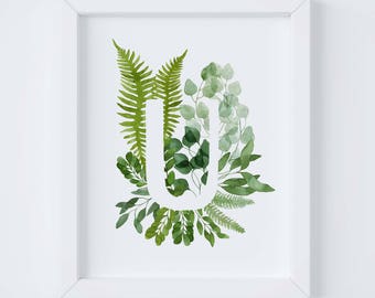 Watercolor Plant Print, Botanical Nursery Decor, Leaf Wall Art, Nursery Letter, Botanical Printable, Printable Wall Art, Nursery Decor