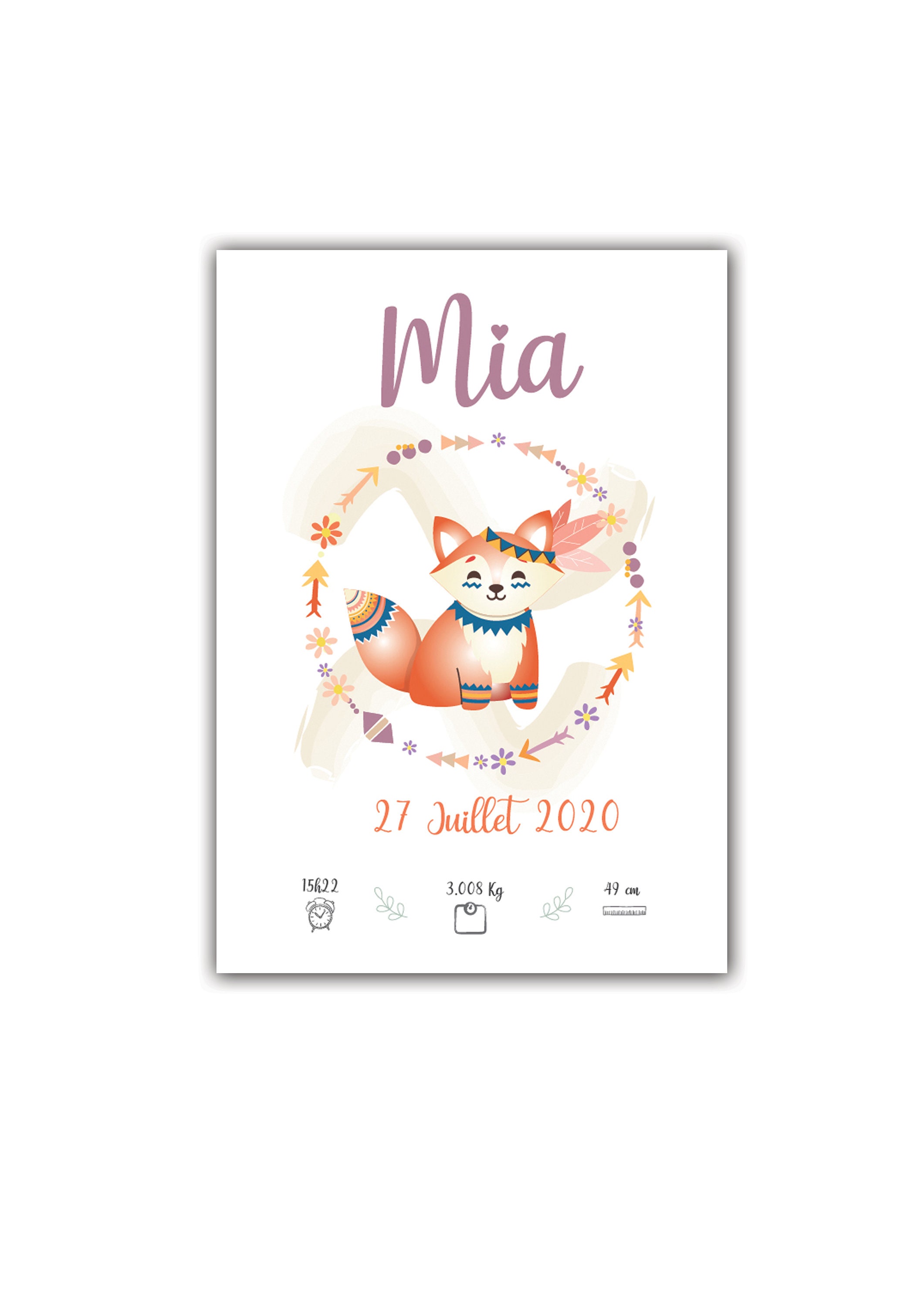 Affiche de Naissance Thème Renard Ethnique - Cadeau Personnalisé Chambre Enfant Décoration