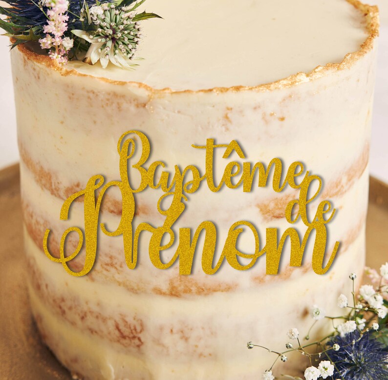 Cake Topper Baptême Prénom personnalisé Décoration de gâteau Face topper finition pailletée ou Miroir Fête image 1
