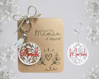 Porte clés fancy Coeur personnalisables en acrylique, cadeau maîtresse, prénom, fête des mères, évènement, médaille ronde 5 cm