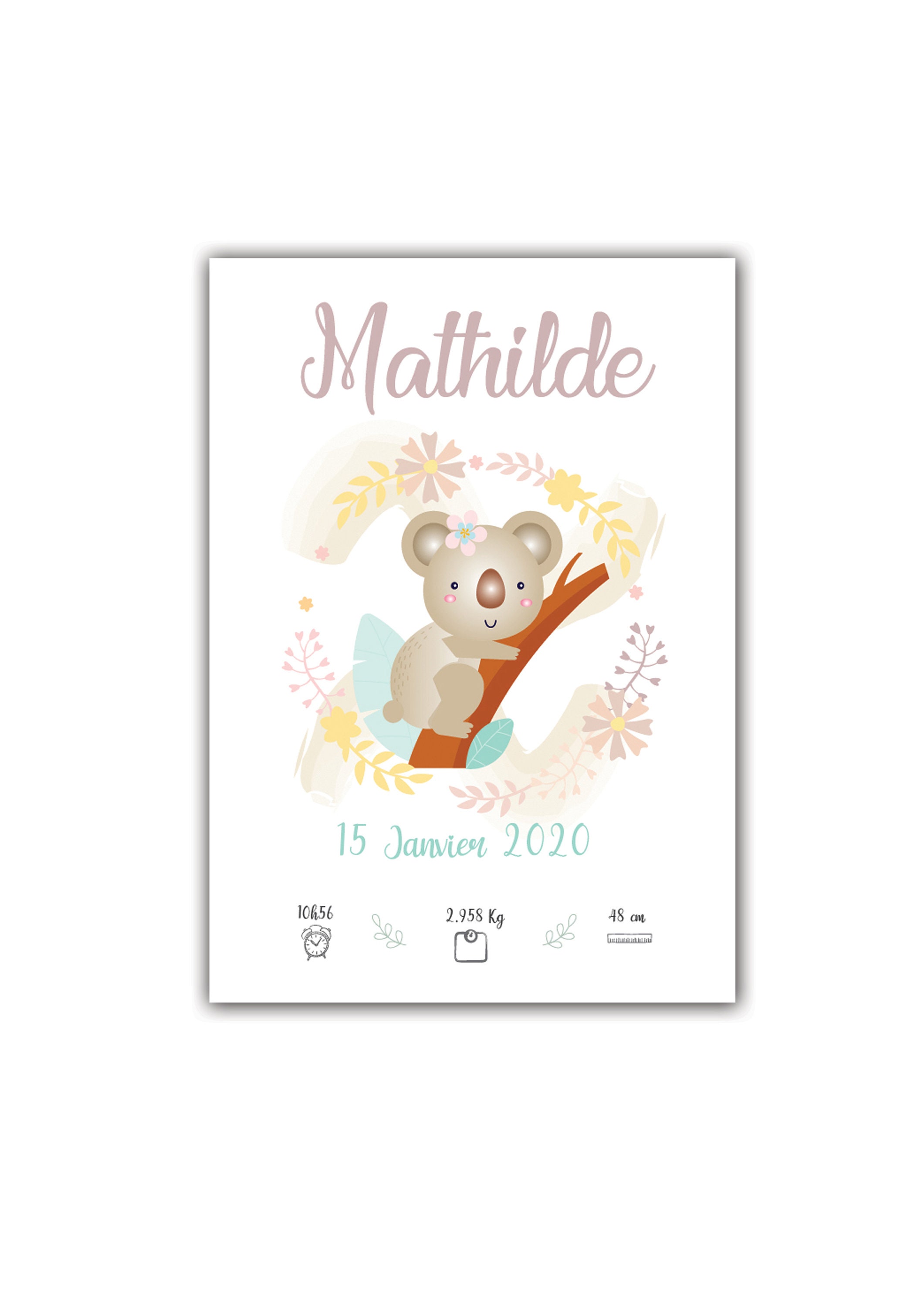 Affiche de Naissance Thème Koala - Cadeau Personnalisé Chambre Enfant Décoration