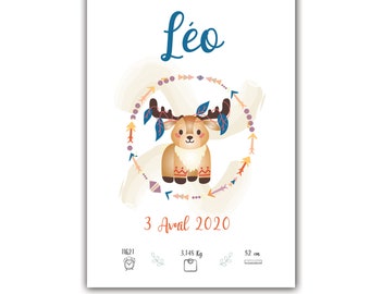 Affiche de naissance thème Élan ethnique - Cadeau personnalisé - Chambre enfant - Décoration