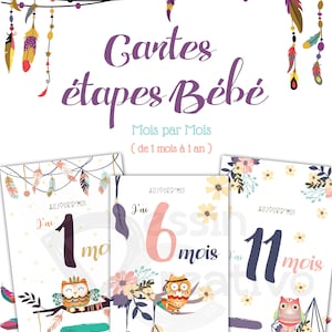 Carte passo bambino, mese per mese, gufo etnico, regalo di nascita.