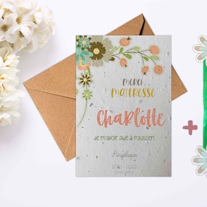 Carte à planter personnalisée – Merci maîtresse - Atsem - Nounou. Carte ensemencée avec marque page. Cadeau Maîtresse.