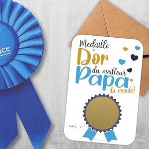 Carte fête des pères Médaille D’or avec un message caché : "Je t'aime très fort" avec enveloppe. Carte à gratter. Cadeaux fête des pères.