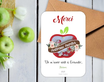 Carte Apple Shaker “Merci de m’avoir aidé à grandir” / cadeau pour les maîtres, maîtresses, nounous, atsem. Carte de remerciements.