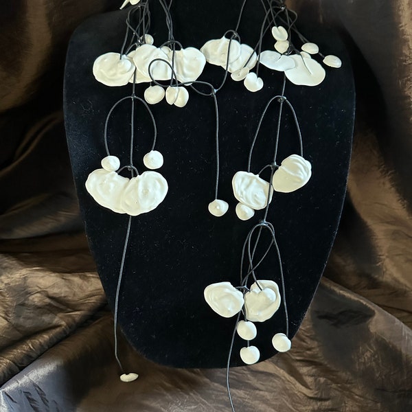 Rubber Necklace-  "Mixed Petals" -Wicker white color with black elastic cord