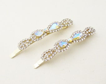 AB Rhinestone Hair Clips, Set of 2 Hair Clips for Bride, Wedding Day Clear Hair Pins, Crystal Hair Clips for Wedding, Bridal Hair Pins