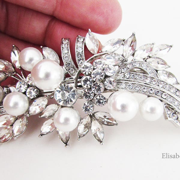 Barrette de cheveux de mariée en strass et perle blanche, pince à cheveux en cristal et perle pour mariée, barrette de cheveux le jour du mariage, pince à cheveux en perle de mariée