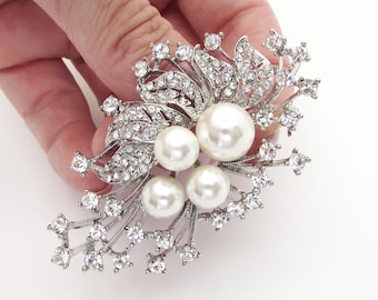 Ivory White Pearl Wedding Brooch, Brooch for Wedding Dress, Antique Style Bridal Brooch